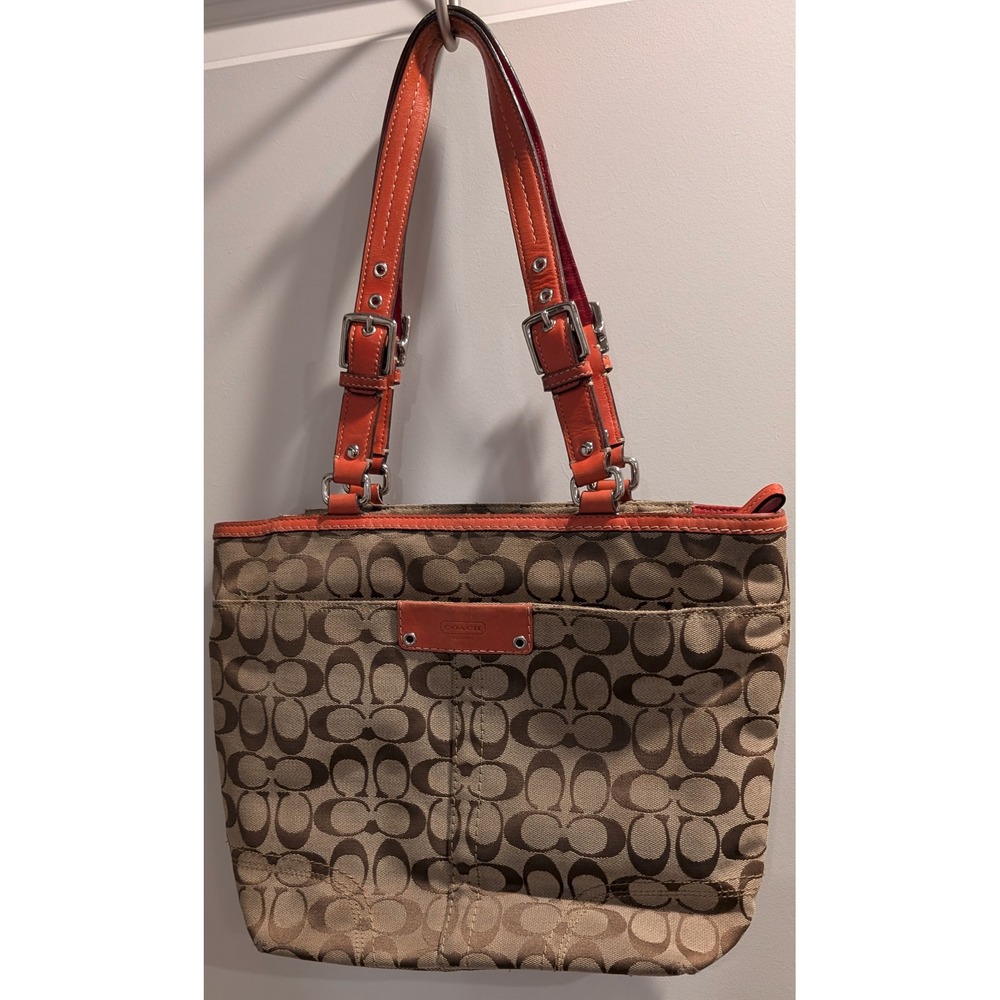 Coach Signature Tote Brown Khaki Orange Leather Trim Shoulder Bag Y2K